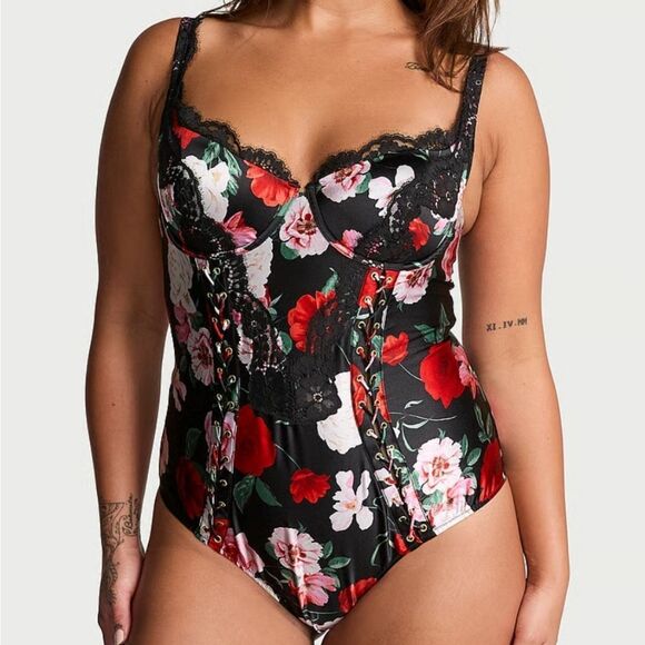 1094 NWT VS Atelier Victoria's Secret Noir Satin Lace-Trim Cupped Bodysuit Sz SM - Picture 5 of 7